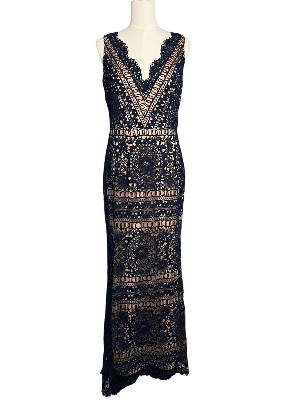 Soieblu Crochet Lace Maxi Dress Womens Large Blue Nude Lined Formal Wedding